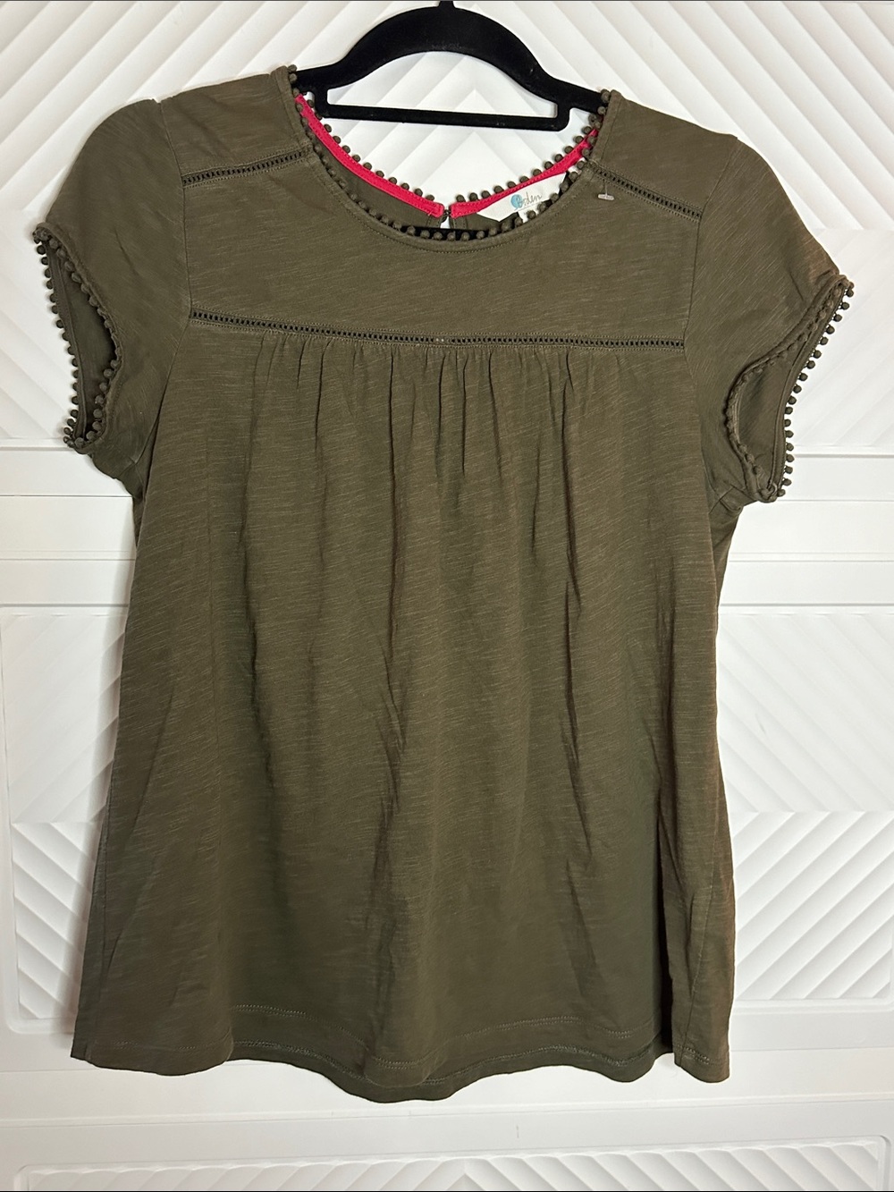 Boden Olive Short-Sleeve Tee with  Pom-Pom Trim